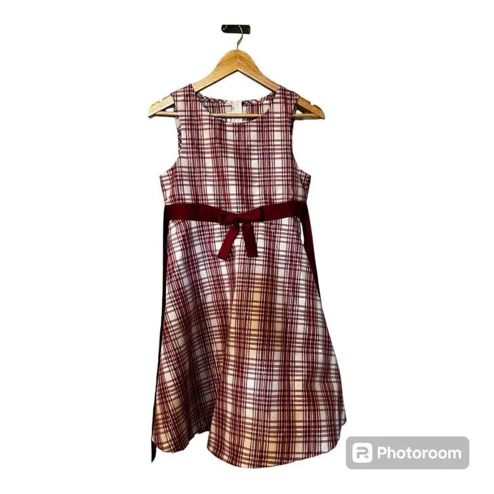 Bonnie Jean Girls Size 16 Festive Plaid Tie Waist Dress Red White Sleeveless